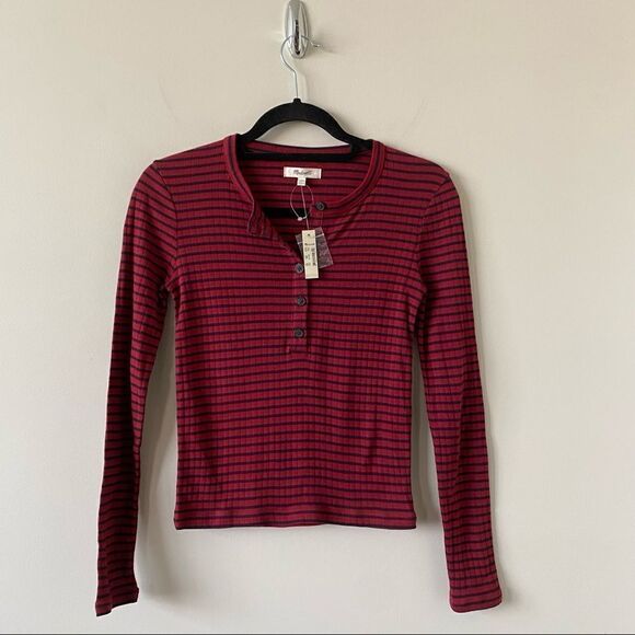 NWT-Striped Red & Navy Henley Tee (XXS) - Picture 3 of 9